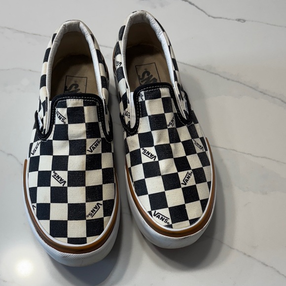 Vans Women's Checkered Slip-On Sneakers - Black, White, and Brown - Picture 2 of 15